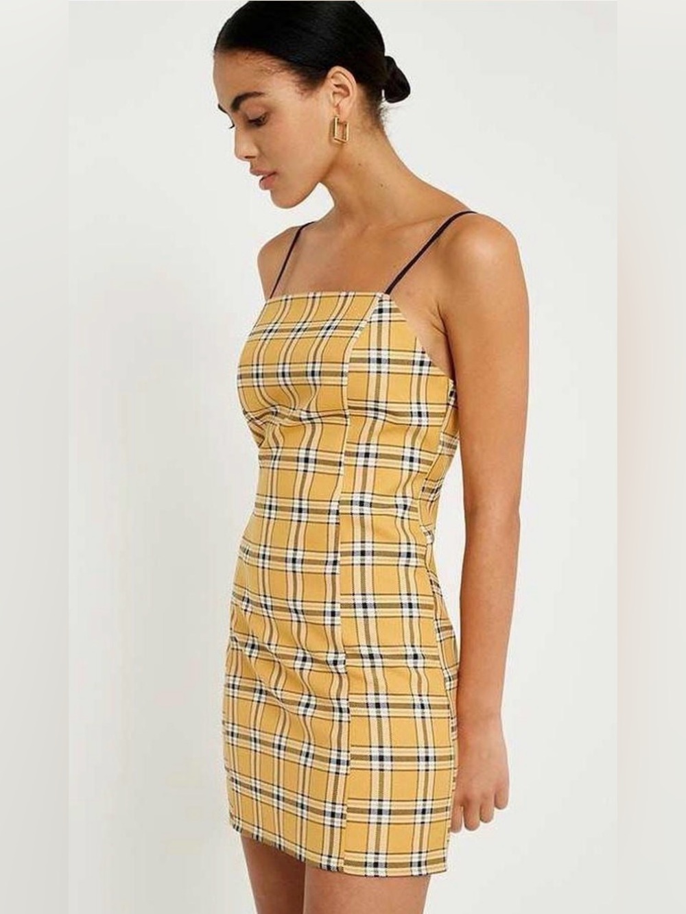 Urban Outfitters Yellow Plaid Spaghetti-Strap Mini Dress